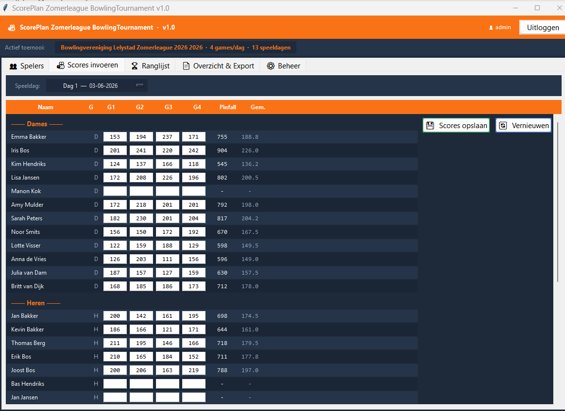 ScorePlan Zomerleague - scores invoeren